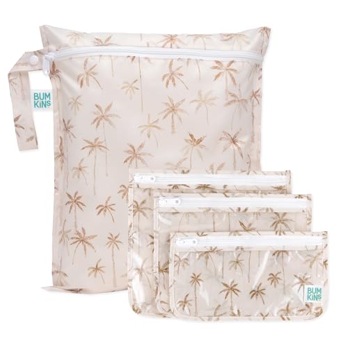 Bumkins - Waterproof Wet Bag & Clear Travel Bags - For Beach Baby Travel Swim Suit Cloth Diapers Pump Parts Pool Gym Toiletries - Reusable & Easy to Clean - Palm Trees - 4 Pack