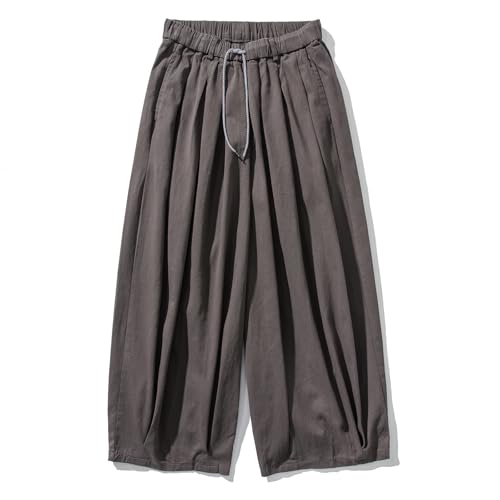 GURUNVANI Herr vida ben haremsbyxor japansk lös passform byxor ledig elastisk midja byxor, Brun, M