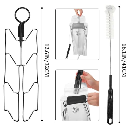 4 Pcs Set Reservoirs Backpack Accessories Hydration Bladder Cleaning Kit with Flexible Long Brush for Hose, Small Bite Valve and Big Brush, Drying Collapsible Bladder Frame, Carrying Pouch (Black)