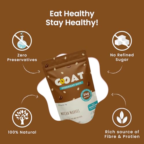 Image of GoOAT - Overnight Oats, 75gm | Mocha Marvel 24g Protein | Ideal for Weight Management | No Refined Sugar | Gluten Free Oats | 100% Natural Breakfast Cereal | Spoonfree Oatmeal