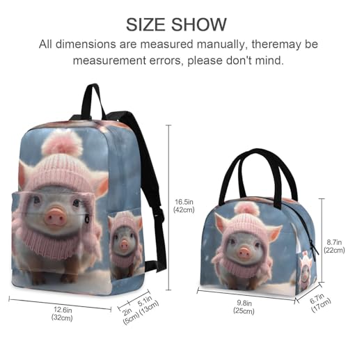 Backpack Lunch Box Set Large Capacity Travel Backpacks and Insulated Lunch Bag for Commute Hiking Picnic Little Pig Print2