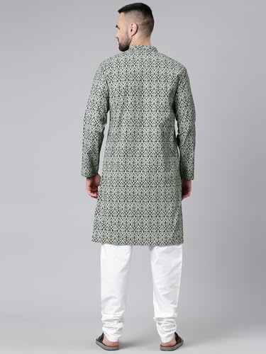 Image of Majestic Man Men's Cotton Regular Fit Casual Mandarin Collar Ethnic Motifs Printed Long Regular Kurta