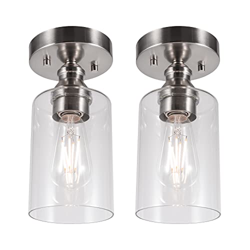 Gruenlich Semi Flush Mount Ceiling Light Fixture For Outdoor And Indoor, E26 Medium Base, Metal Housing Plus Clear Glass, Bulb Not Included, 2-Pack, Nickel Finish #TOP18