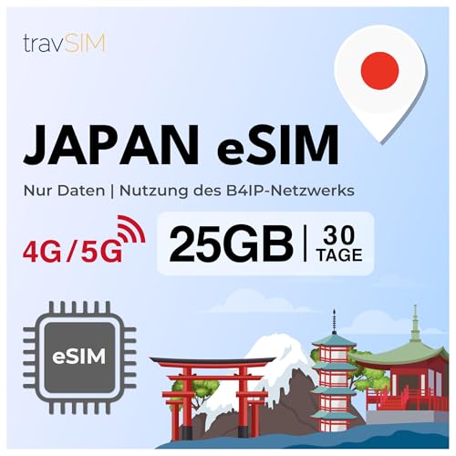 travSIM eSIM Japan | 25GB Mobile Daten | Funktioniert auf iOS und Android Geräten | Der Plan auf Dieser Japan eSIM ist 30 Tage lang gültig.