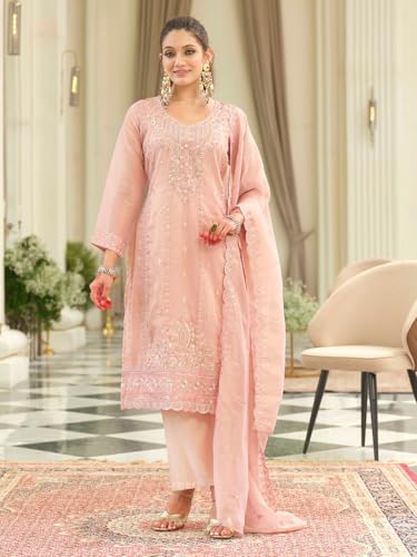Image of INDO ERA Women's Silk Blend Floral Embroidered Straight Kurta & Pant With Dupatta Set (IEOUT12442)