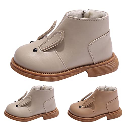 Kids Girls Ankle Boots Flat Non Slip Round Toe Side Zipper Boots Plush Warm Comfortable Cartoon Children Booties (Beige, 15-18 Months)3