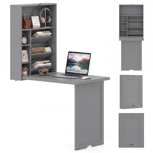 Giantex Wall Mounted Desk, Foldable Convertible Computer Desk with Storage Shelves, Space Saving Fold Out Table, Folding Floating Writing Desk for Small Spaces, Home Office, Bedroom, Apartment (Grey)