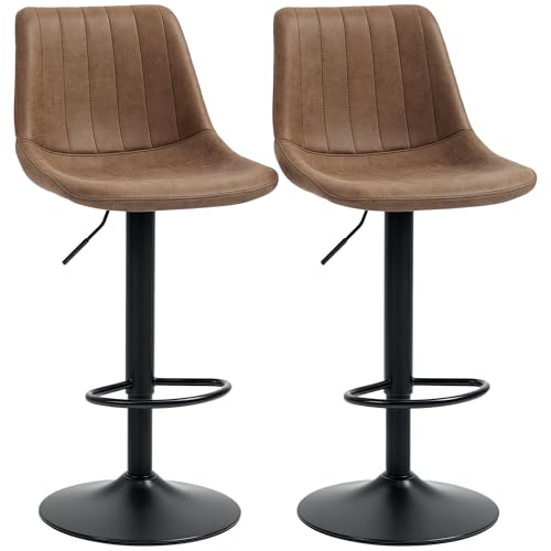 HOMCOM Modern Bar Stools Set of 2, Height Adjustable Swivel Bar Chairs with Backrest, Gas Lift and Footrest, Leathaire Barstools for Breakfast Counter, Kitchen Island, Brown