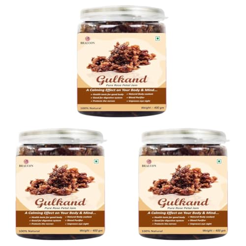 Image of BRALCON Natural Gulkand Rose Petal Jam - 400g | Sun-Cooked Damask Rose Petals & Rock Sugar - Kesar Elaichi | Gulkand for Paan (Pack of 3)