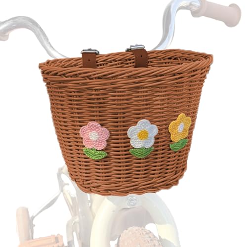 Kids Bike Basket, Front Mount Small Plastic Wicker Bicycle Basket for Boys Girls, Brown Faux Rattan Storage for Handlebar