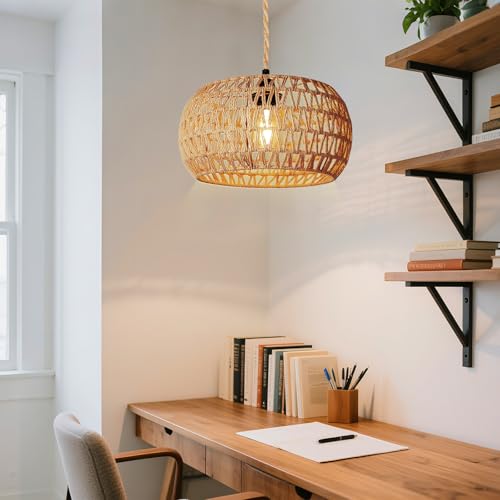 Image of Hanging Light Lamp Shades Boho Rattan Lamp Shades, Woven LampShades for Floor Lamps Rattan Pendant Lights Boho Lamp Ceiling Light, Table Lamps, Plug in Pendant Light