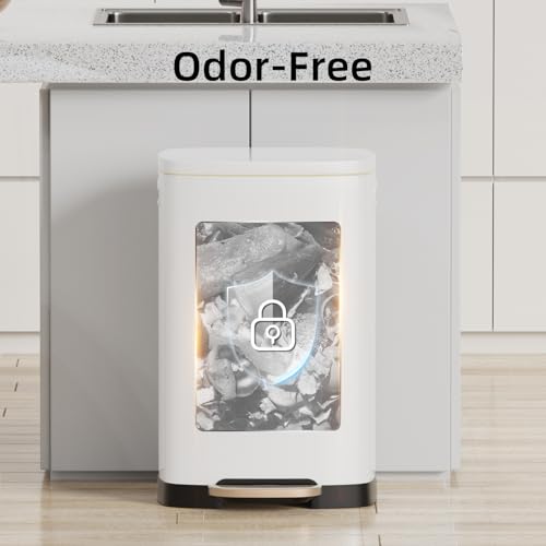 Image of KUK 13 Gallon Kitchen Trash Can with Lid, 50L /13Gal Office Step Garbage Can for Home, Kitchen, Laundry Room, Office, Brushed Stainless Steel, White
