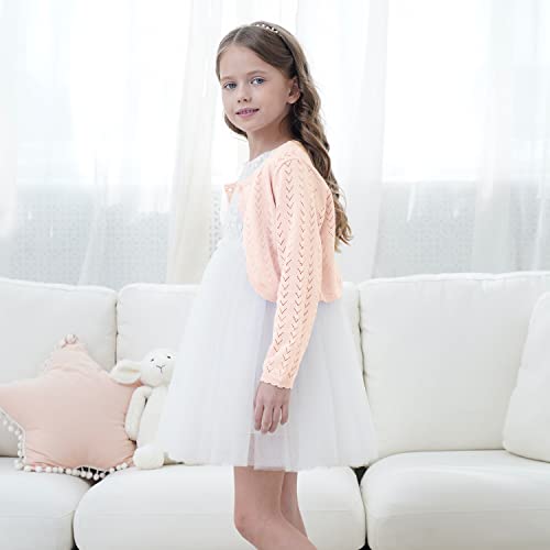 Image of Kids Girls Open Front Bolero Shrug Long Sleeve Button Down Cropped Cardigan Sweaters Shrug Dress 3-12 Years,Light Peach Pink,7 /8