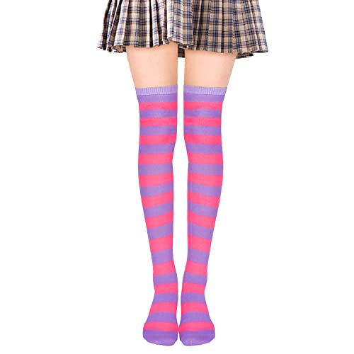 Benefeet Sox Pink And Purple Striped Thigh High Socks For Women Girls Over Knee High Long Socks Colorful Rainbow Novelty Cute Tube Athletic Tights Kawaii Neon Cosplay Stockings Leg Warmer Gift For Her #TOP5