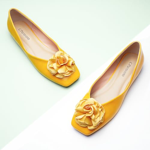 Image of C.Paravano Ballet Flats for Women | Women's Flats | Square Toe | Slip On Dress Shoes | Satin Flower Shoes
