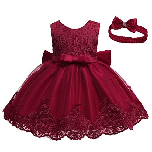 Adeliber Baby Girls(3-24Month) Lace Bowknot Princess Wedding Formal Tutu Dress+Headband Set Clothes(J-Wine,24M)