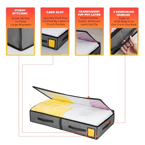 Pack of 3, 90L Foldable Under Bed Storage Bag With Zip & 5 Strong Handles. Transparent Upper Layer & Tag Pocket. 90L Capacity - Image 2