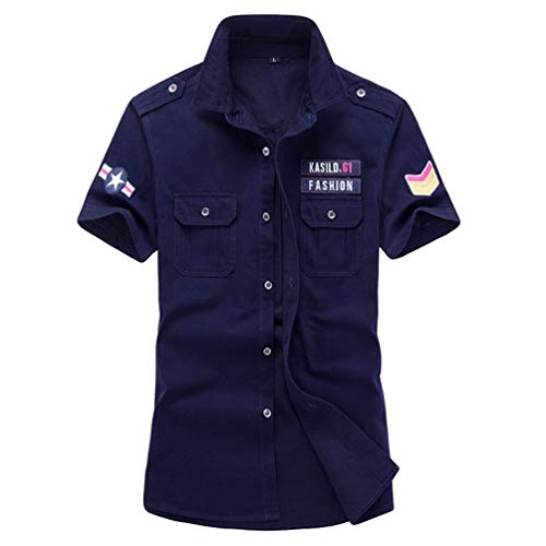 YuanDiann Homme Militaire Chemise Été Casual Grande Taille Manche Courte Shirts Armée Stylé 100% Coton Boutons Épaulette Broderie Chemise Poche Chemisette Shirts Saphir 2XL Cover