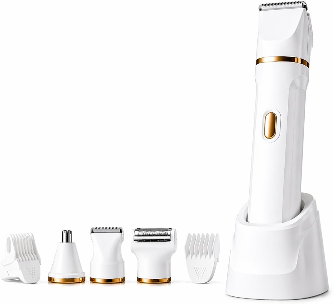 5-in-1 Electric Bikini Trimmer for Women, Rechargeable Waterproof Body & Facial Hair Shaver, Painless Pubic Hair Razor with Interchangeable Heads, Nose & Face Trimmer, USB Charging, Wet & Dry Use