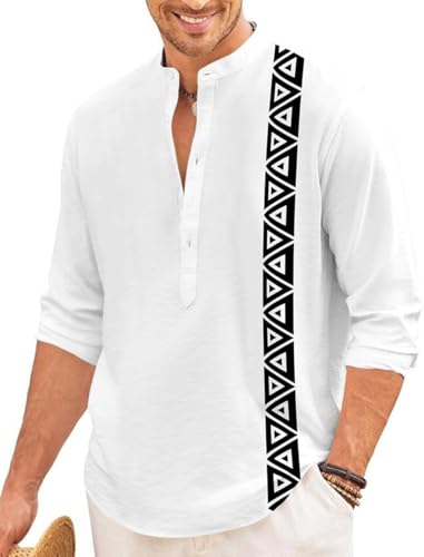 Image of FINIVO FASHION Men's Short Kurta with Printed Geometric Side Panel | Cotton Blend Full Sleeve Ethnic Topwear with Mandarin Collar | Stylish Indo-Fusion Kurta for Daily, Festive, or Casual Wear