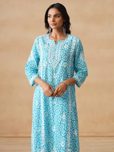 Image of Aidah Chikankari Mulmul Straight Kurta |Chikankari | Short Kurti Lucknowi Turquoise Blue