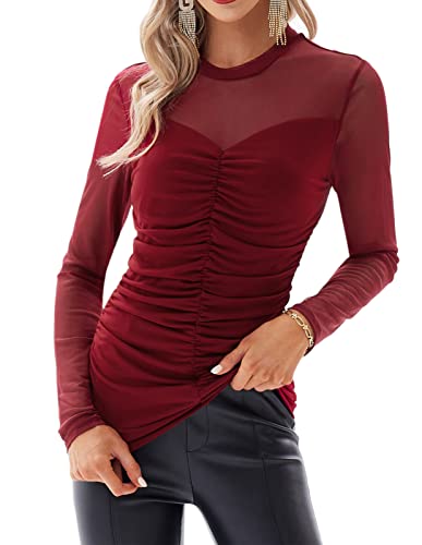 GRACE KARIN Camicia Donna Trasparente Elegante Trasparente Casual Girocollo vestibilità Slim Rosso M