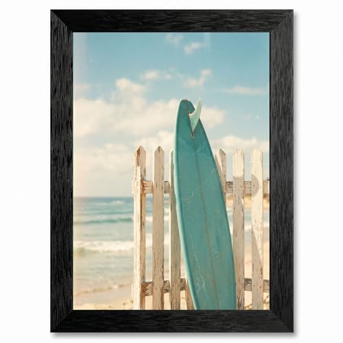 Framed Canvas Wall Art Vintage Retro Teal Surfboard Beach Fence