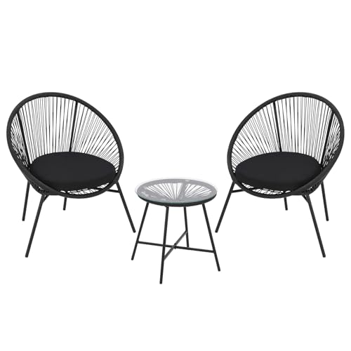 3 Piece Acapulco Chairs with Side Table Patio Bistro Set and Cushions Woven Rope All Weather Outdoor Conversation Set for Balcony Porch Poolside Black