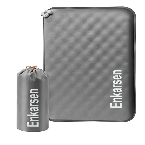 Enkarsen Inflatable Travel Seat Cushion – Self-Inflating Memory Foam Pad for Airplane, Stadium Bleachers, Camping, Hiking & Backpacking – Ultralight Compact & Portable Sitting Cushion (Grey)