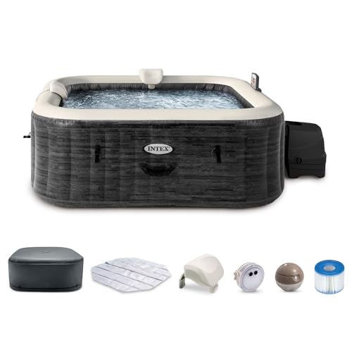 INTEX 28451EP PureSpa Greystone Deluxe Spa Set: Includes Energy Efficient Spa Cover and Wireless Control Panel – Spa Control App – Built-In FastFill Inflation System – 6 Person Capacity – 77' x 28'