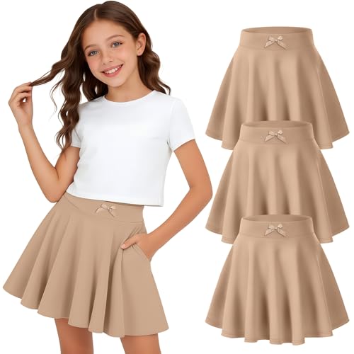 LessonZoo 3 Pack Girls Uniform Skirts School Pleated Flared High Waist Mini Skorts Built in Shorts with Pockets 5-14y Kids(Khaki 9-10 Years)