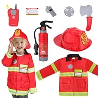 Firefighter Costume for Kids 3 4 5 Years, Toddler Fireman Toy with Dress Up Outfit & Fire Extinguisher, Pretend Play Gift for Toddler Boys Girls