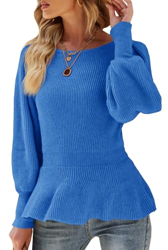 Image of Womens Fall Puff Sleeve Peplum Casual Slim Fit Knit Pullover Sweater Jumper Tops