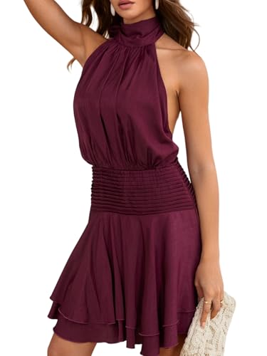 Image of Floerns Women's Summer Mini Dress Sleeveless Halter Backless Ruched Date Night Layered A Line Dresses
