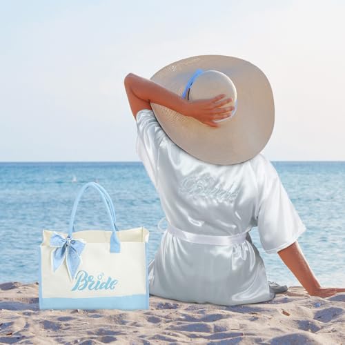 Berlune 3 Pcs Bride to Be Something Blue Gift Bridal Shower Gift Bride Robes Slippers Tote Bag for Bachelorette Beach Wedding3