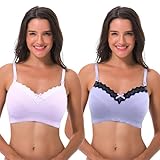 Curve Muse Damen Still Übergröße Drahtloser Baumwoll-BH mit oberer Spitze-2er Pack-Rosa,Lavendel-105D