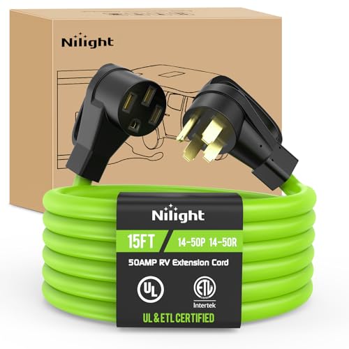 Image of Nilight 15FT 50 Amp RV Extension Cord 250V Heavy Duty 6 /3+8 /1 Gauge Pure Copper STW Wire UL ETL Listed 4 Prong 14-50P 14-50R Weatherproof Suit for EV Trailer Campers Bright Green