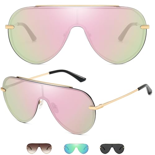 GMKATEYE Large Shield Sunglasses for Women, Rimless Pink Mirrored Oversized