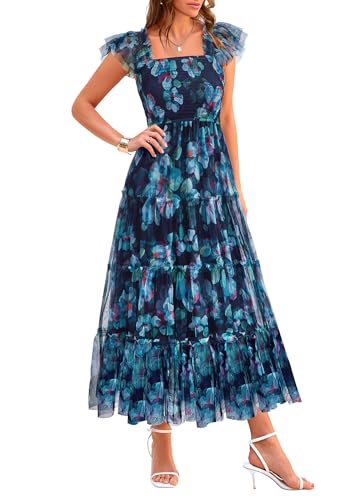PRETTYGARDEN Women's Summer Tulle Midi Dress Sleeveless Smocked Ruffle Flowy