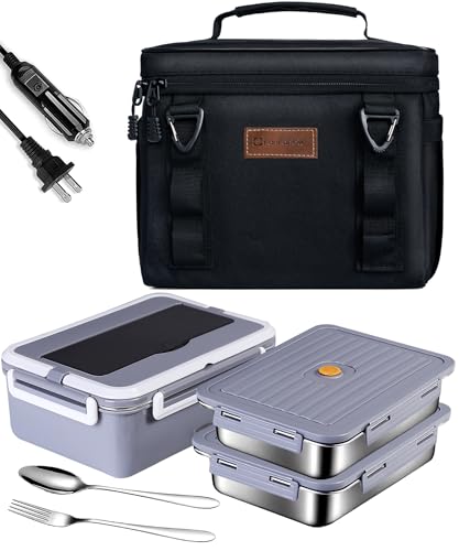 FanFanOK Electric Lunch Box Food Heater 80W Heated LunchBoxes for Adults Work/Car/Truck/Home, 1.8L Portable Food Warmer Heating Lunchbox with Insulated Lunch Bag 12V 24V 110V
