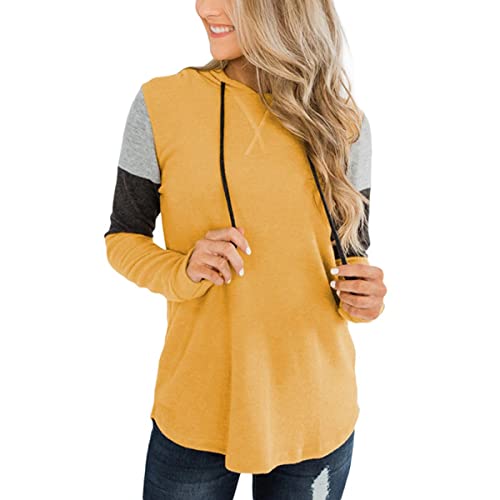 Syshwden Damen Hoodies Farbblock Sweatshirt mit Kapuze Kapuzenshirt Langarm Shirt Modern Casual Lockerem Design S-XL (L, Gelb) Cover