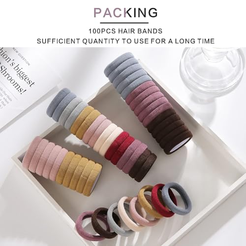 Image of 100PCS Elastic Cotton Hair Bands, Seamless No-Damage Ponytail Holders for Thick or Thin Hair, Soft Hair Accessories for Women and Girls, Coral Color