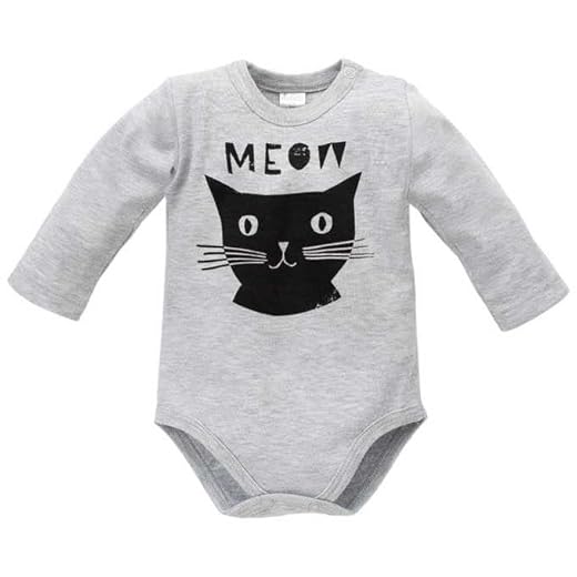 Pinokio - Happy Day – Baby flicka långärmad logotyp. 100 % bomull, svart grå med katt – body lång ärm med tryckknappar (62)