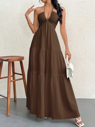 Image of Narecte Women's Maxi Summer Dresses Halter V Neck Beach Dresses for Women A-Line Casual Dress for Vacation