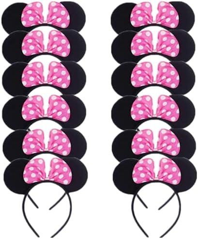 DreamHigh Mouse Ear and Pink Bow Headband for Girls Birthday Costume Party (12 Pcs Pack)