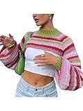 Womens Y2K Knitted Crop Tops Shrugs Casual Striped Loose Long Sleeves Half Turtleneck Pullover Bolero (A-Pink, M)