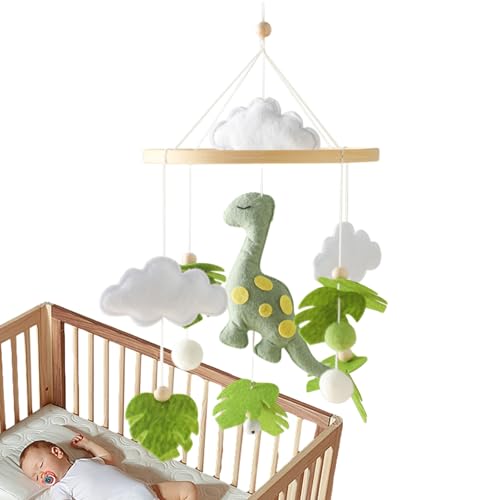 Bubei Mobile pour Tout-Petits pour Berceau,Lit de bébé Mobile avec couffin en Bois avec Boules de Feutre - Carillon éolien Nuages Feuilles Vertes, Pendentif Mobile Dinosaure de Dessin animé