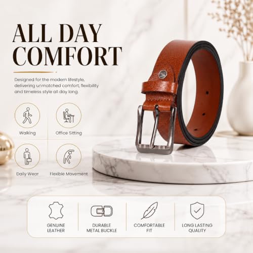 Image of Men's Tan Genuine Leather Belt for Men | Textured Premium Leather Belt with Metal Tang Buckle | Casual, Formal & Office Wear | Adjustable Durable Belt for Jeans.