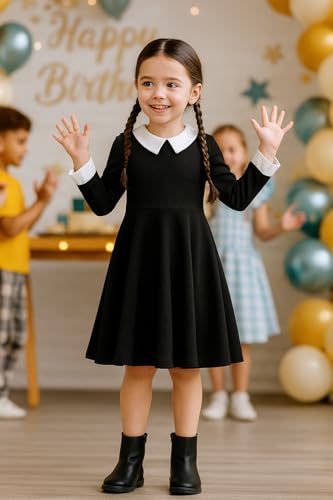 Vestido negro para niña manga larga clásico con cuello Peter Pan miniatura 3