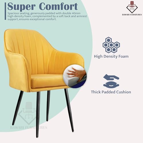 Image of Plush Dining Chair | Accent Chair for Living Room Bedroom Restuarant | Velvet Fabric & Thick Cushion Seat with Sturdy Glossy Metal Legs (Black Legs, Yellow)